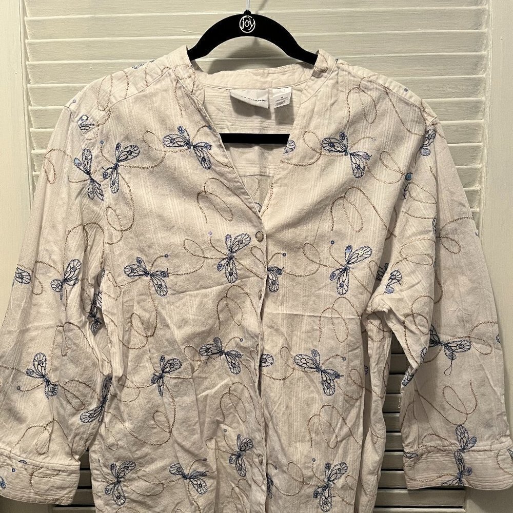 White Alfred Dunner Blouse with Blue Butterflies
